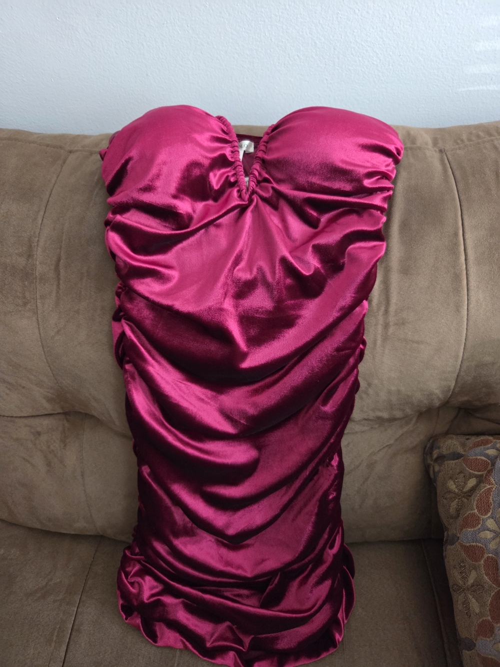 Bozzolo Strapless Ruched Satin Dress in Fuchsia